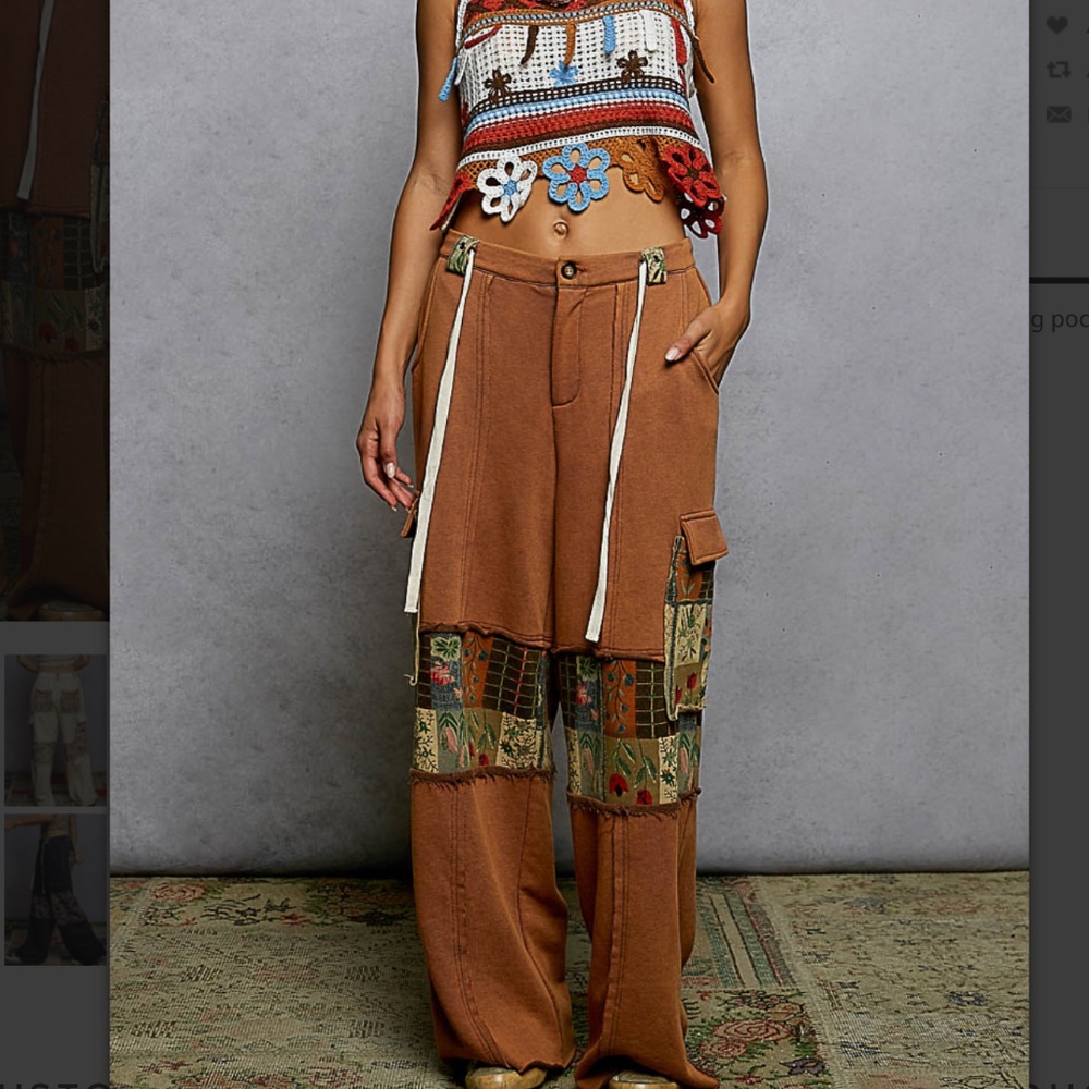 POL " Darlene " POL French Terry Pants Wide-Leg Patchwork Cargo Pants in Brown - Picture 3 of 6